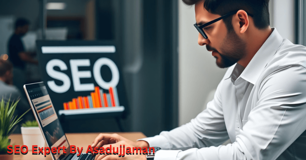 SEO Expert By Asadujjaman – A professional SEO expert working on a laptop surrounded by digital marketing tools, representing trust, expertise, and online success. best SEO Services provider