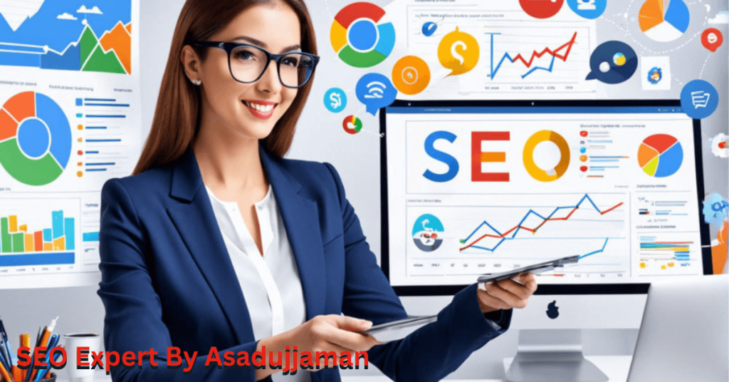 SEO Expert By Asadujjaman – A professional SEO expert working on a laptop surrounded by digital marketing tools, representing trust, expertise, and online success.