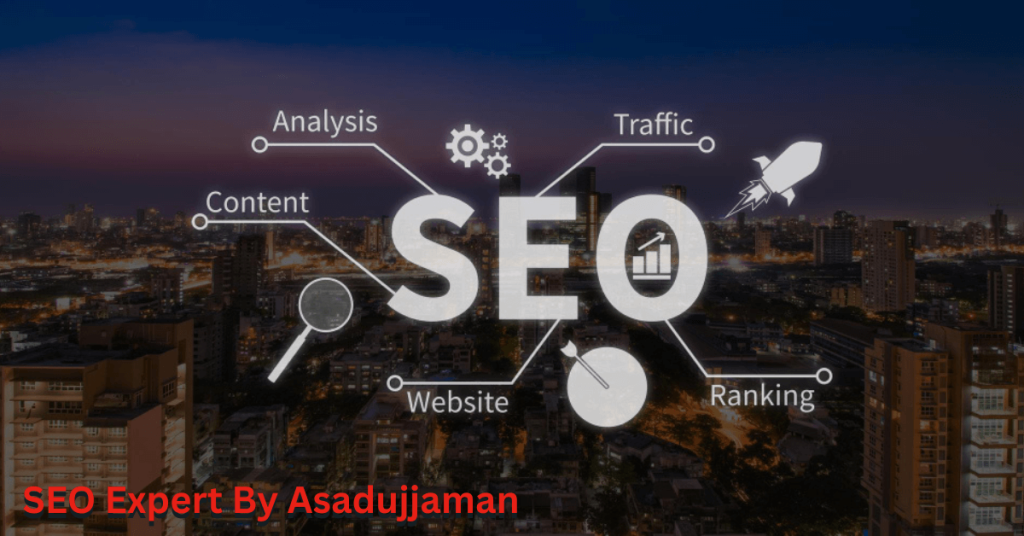 SEO Expert By Asadujjaman – A professional SEO expert working on a laptop surrounded by digital marketing tools, representing trust, expertise, and online success.