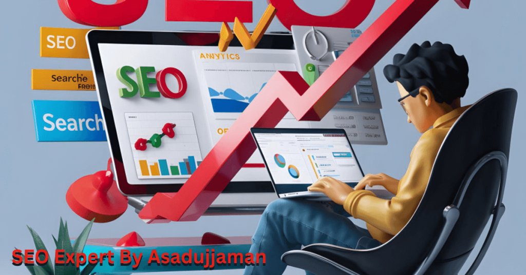 SEO Expert By Asadujjaman – A professional SEO expert working on a laptop surrounded by digital marketing tools, representing trust, expertise, and online success.