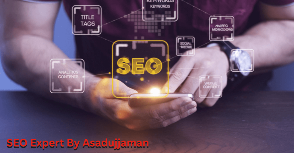 SEO Expert By Asadujjaman – A professional SEO expert working on a laptop surrounded by digital marketing tools, representing trust, expertise, and online success.