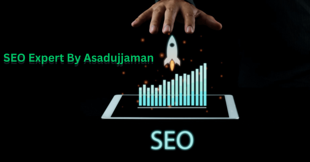 SEO Expert By Asadujjaman – A professional SEO expert working on a laptop surrounded by digital marketing tools, representing trust, expertise, and online success.
